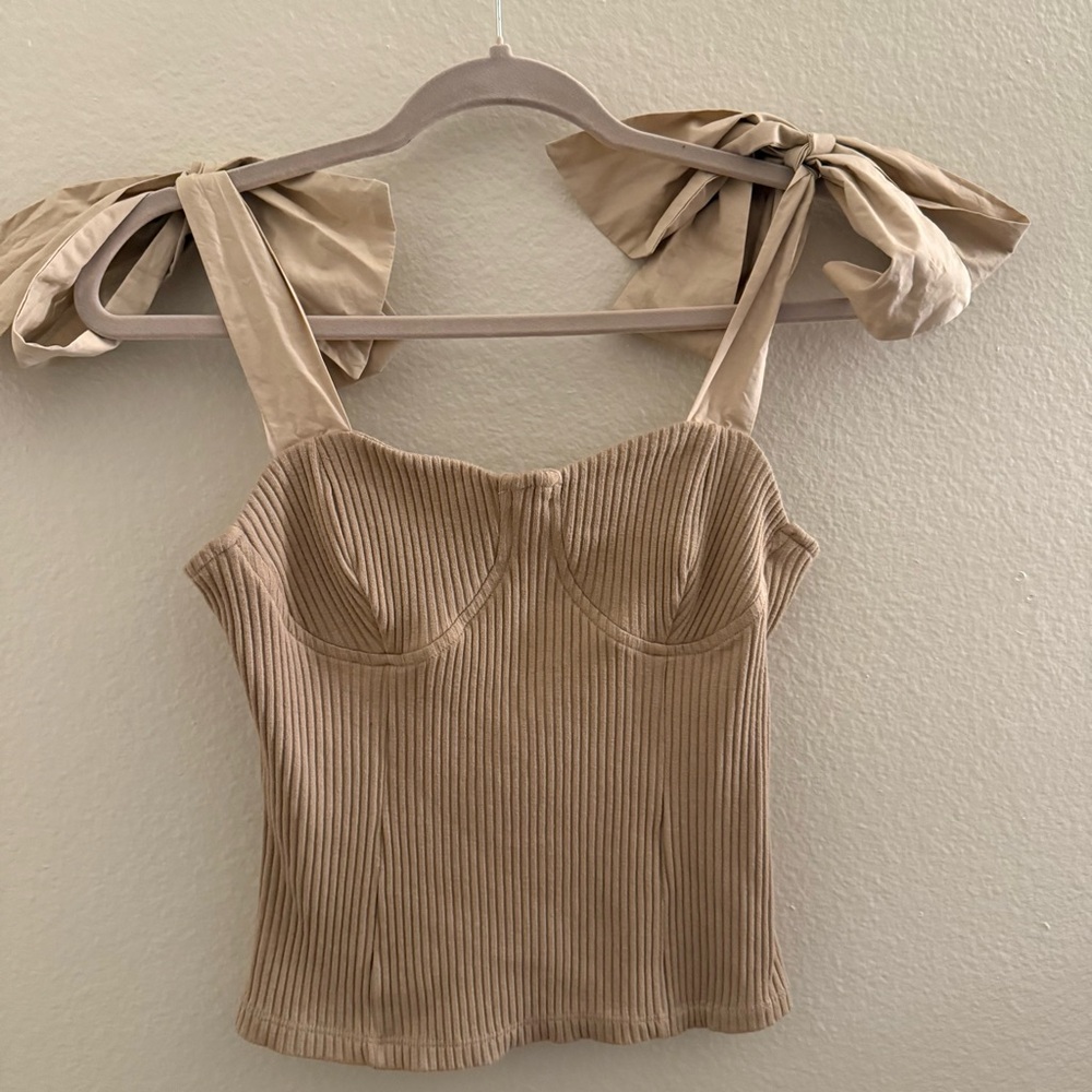 Maeve Anthropologie Elegant Tan Ribbed Women's Top - Picture 3 of 5